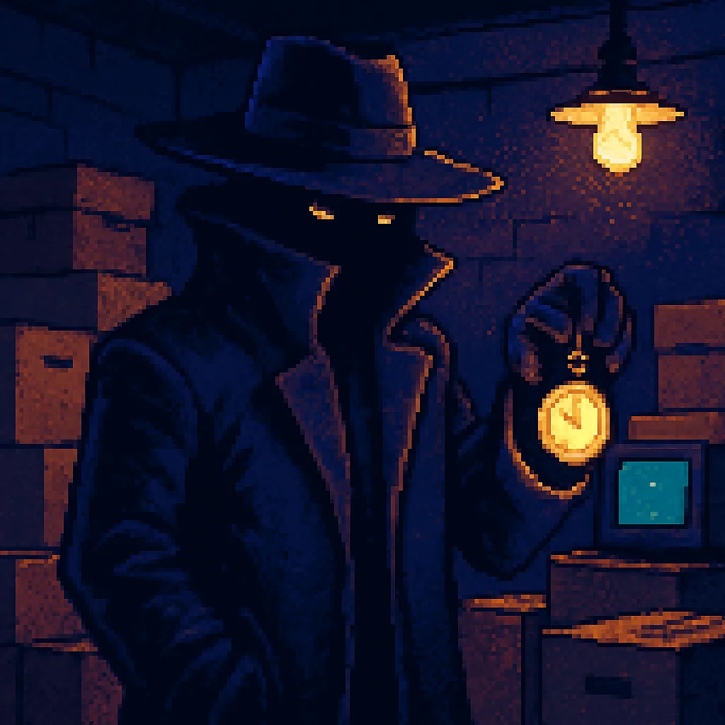 Pixel-Art-Silhouette einer geheimnisvollen, noch unbenannten Figur