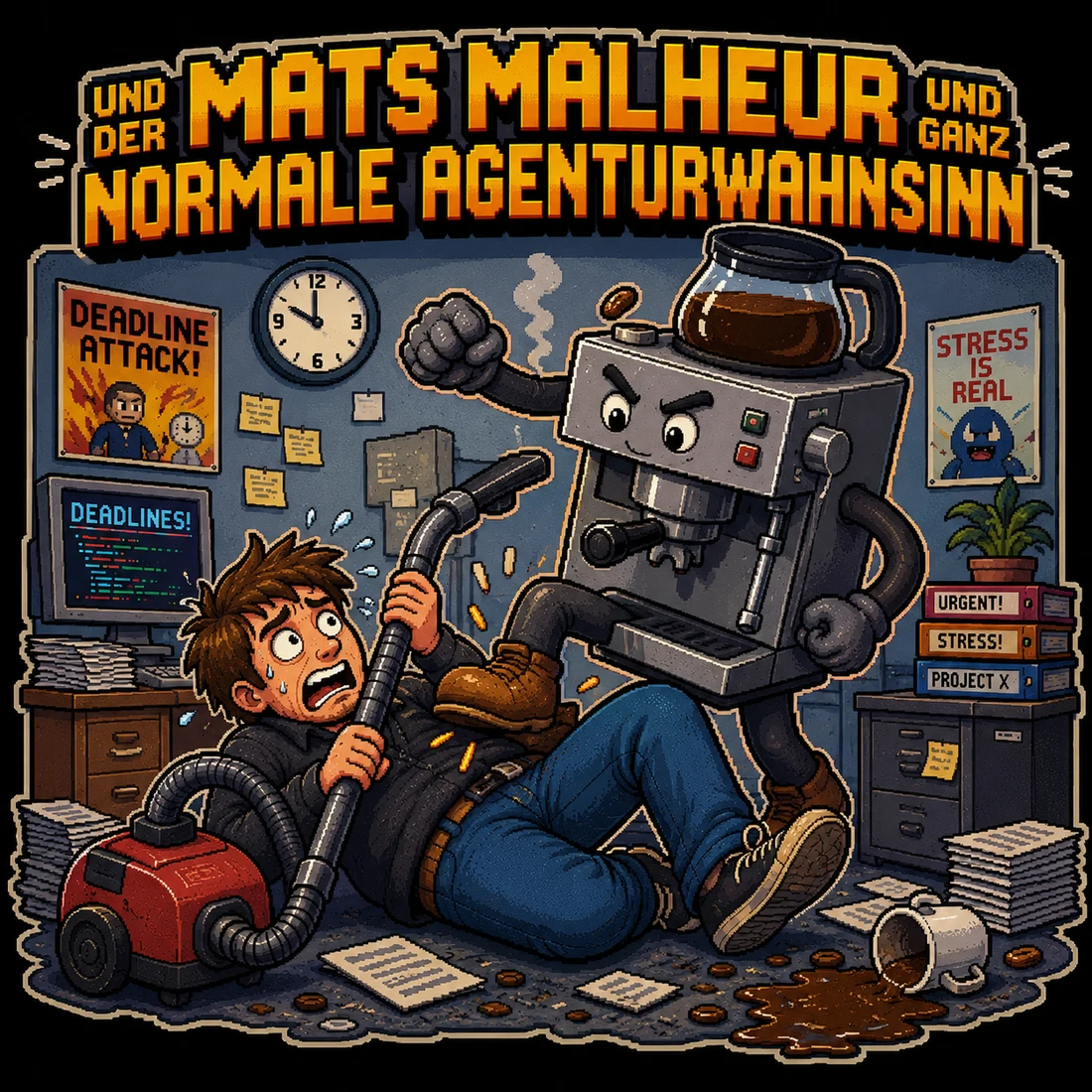 T-Shirt Vorderseite: Mats kämpft gegen die Kaffeemaschine Super999