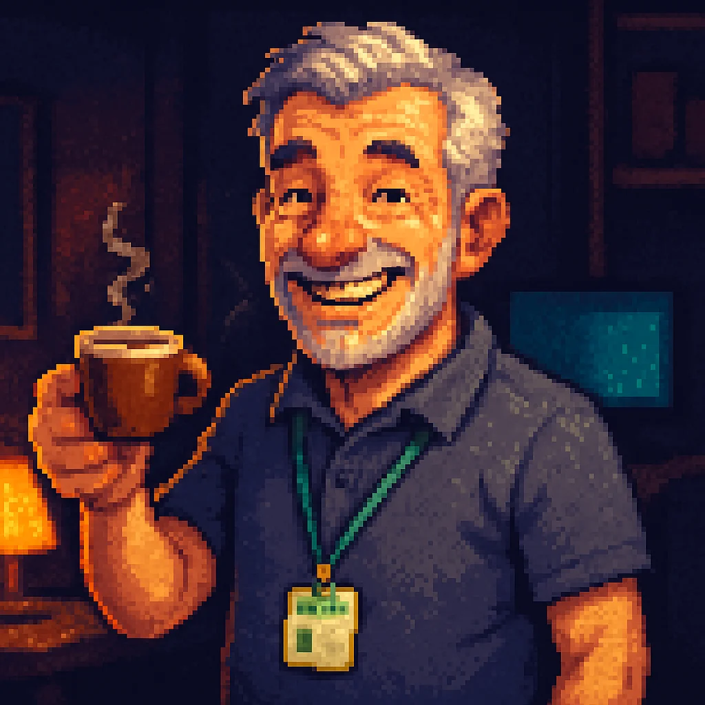 Pixel-Art von Dennis, hält grinsend einen dampfenden Espresso in die Kamera