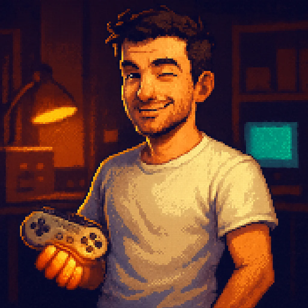 Pixel-Art von Kacper, augenzwinkernd mit Retro-Controller