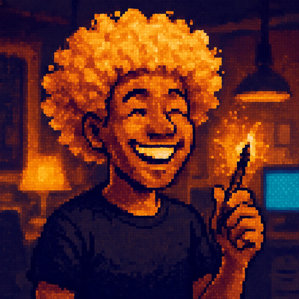 Pixel-Art von Maksym, lachend mit Zeichen-Stylus