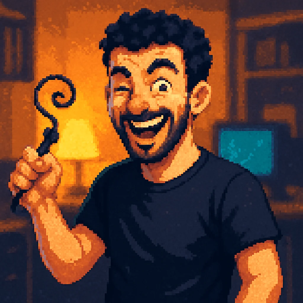 Pixel-Art von Mussie, augenzwinkernd mit kleiner Spielzeugpeitsche