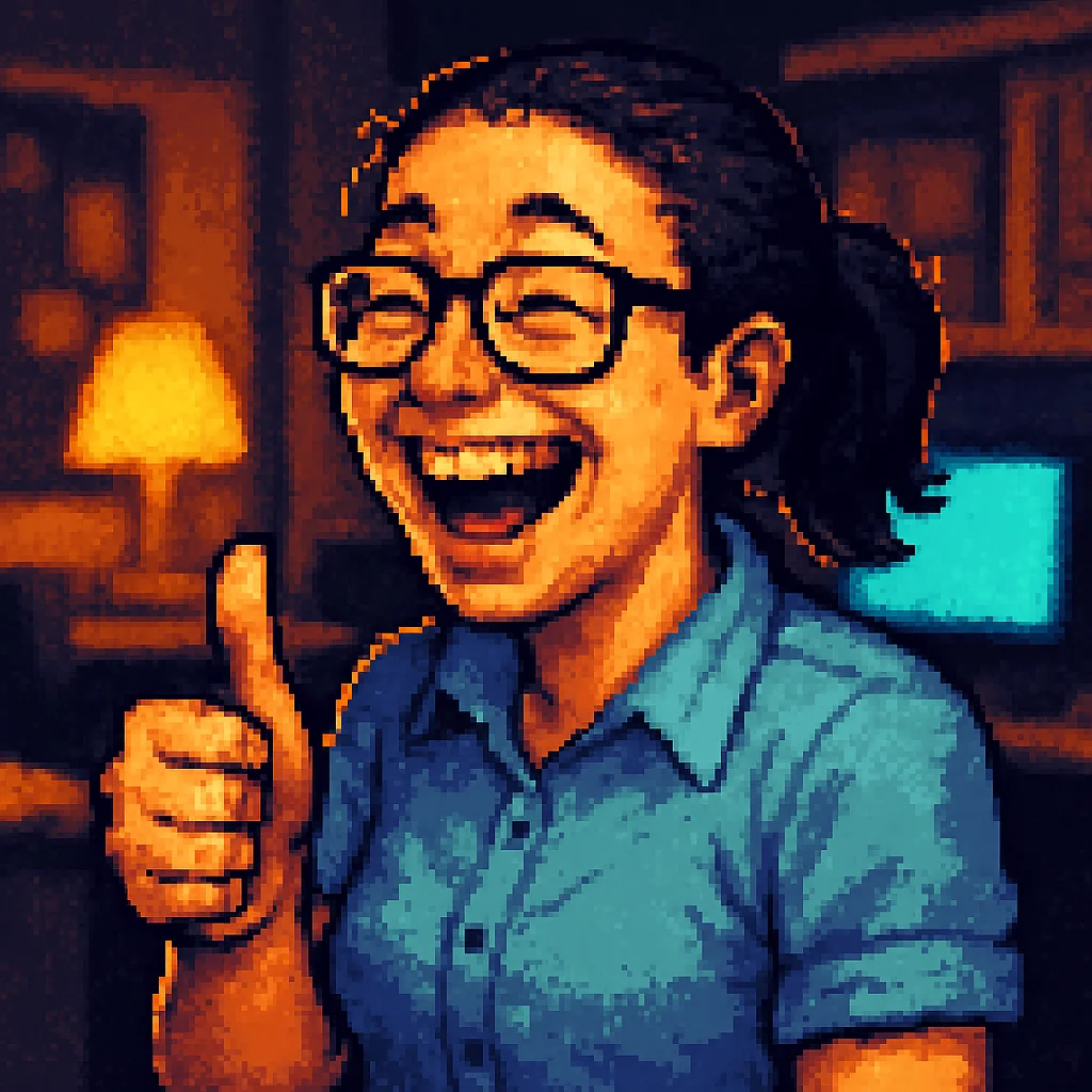 Pixel-Art von Nicklas, lachend mit Daumen hoch