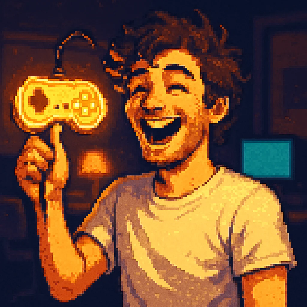 Pixel-Art von Tim, lachend mit Retro-Controller